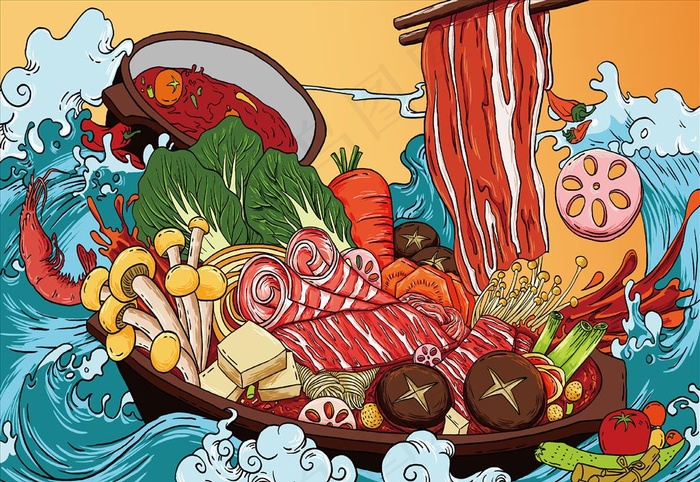 国潮春节火锅美食原创手绘插画图片