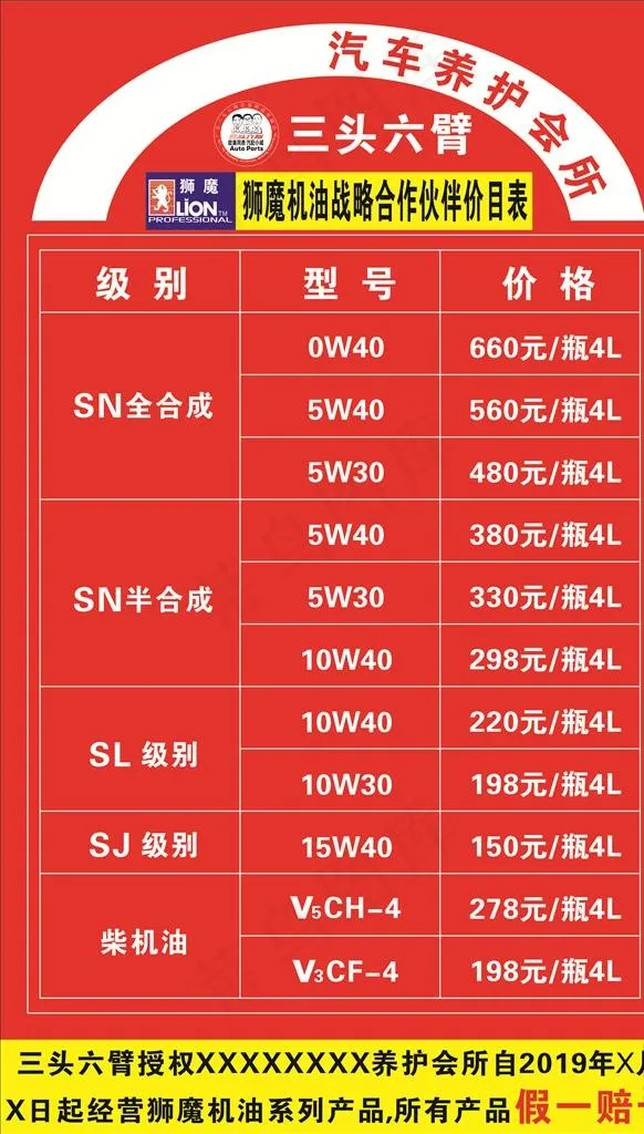 狮魔机油 价目表图片cdr矢量模版下载