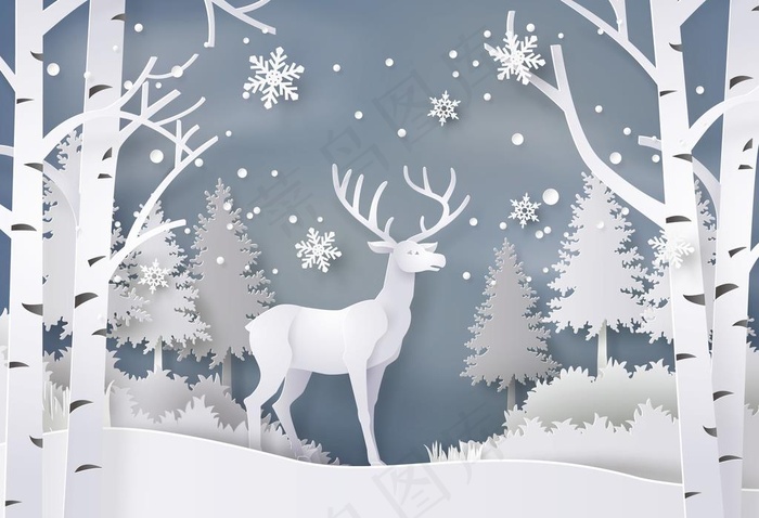 冬天 立体 麋鹿 背景墙 插画图片