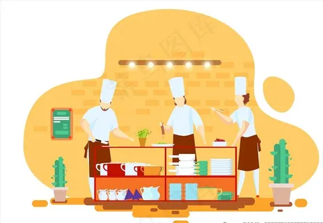 扁平厨师厨房插画图片 扁平厨师厨房插画图片