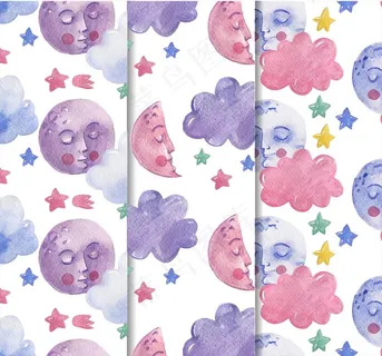 3款水彩绘睡眠月球无缝背景图片