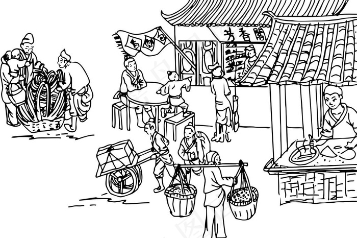 古代集市线描图图片