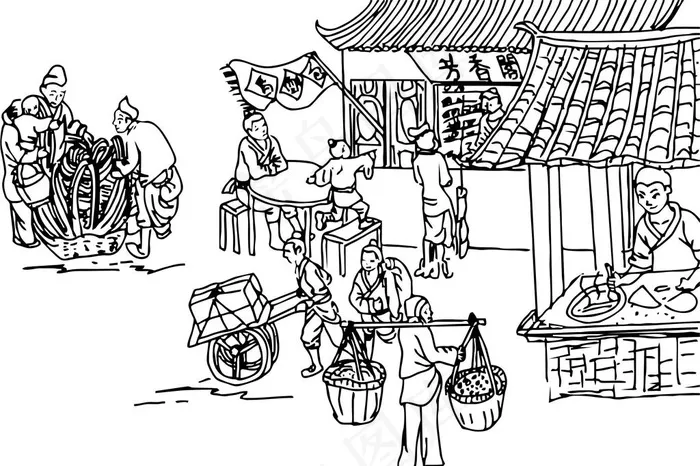 古代集市线描图图片cdr矢量模版下载