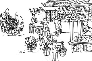 古代集市线描图图片