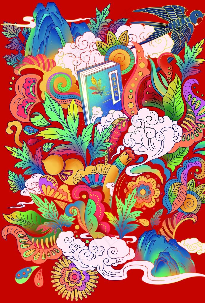 红色国潮养生植物本草纲目插画图片