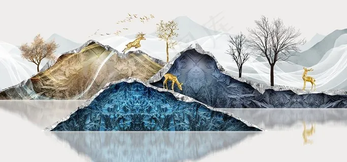 新中式岩石大理石纹山水装饰画图片