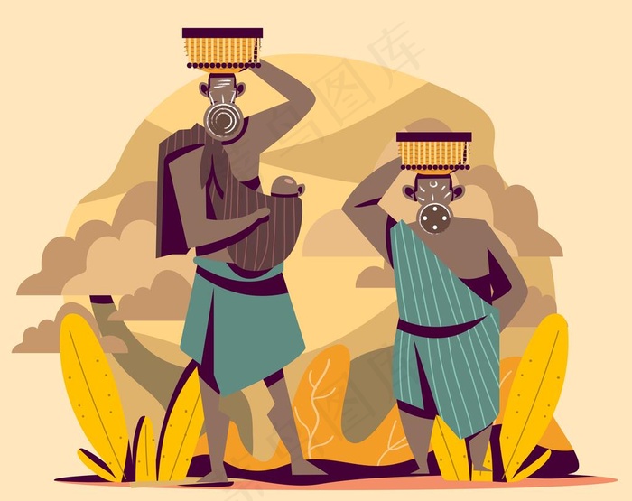手绘卡通形象土著人插画设计图片