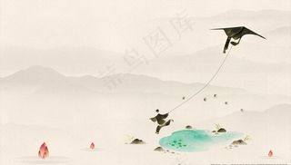 中式 放风筝 山禅 背景 水墨图片