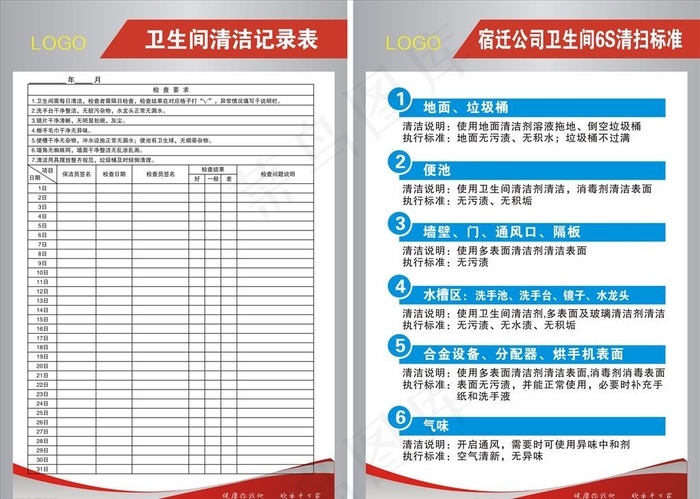 卫生间清洁记录表 清扫标准图片cdr矢量模版下载