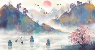 中国风水墨风山川河流风景配图图片