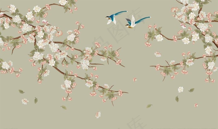 手绘花鸟背景墙图片(9071X5669(DPI:72))psd模版下载