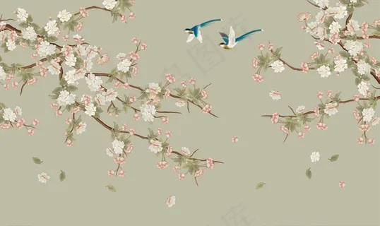 手绘花鸟背景墙图片