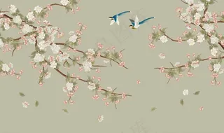 手绘花鸟背景墙图片