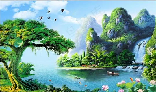 新中式山水瀑布风景电视背景墙图片 新中式山水瀑布风景电视背景墙图片
