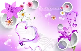 3D手绘紫色百合梦幻电视背景墙图片