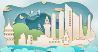 杭州地标建筑城市插画卡通背景图片