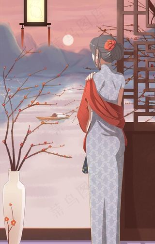 优雅旗袍美女背影插画图片