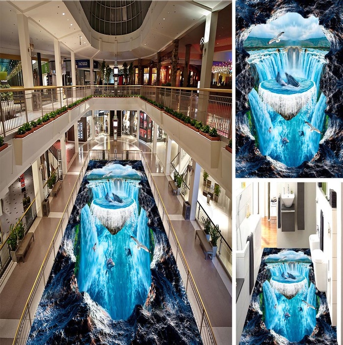 瀑布河流3D地板地画图片(8504X14173(DPI:72))psd模版下载