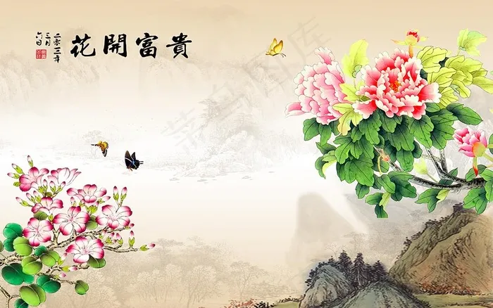 花开富贵国画牡丹电视背景墙图片(9071X5953(DPI:72))psd模版下载