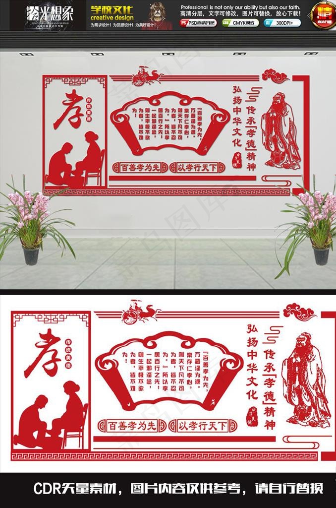 百善孝为先校风德育文化墙图片cdr矢量模版下载