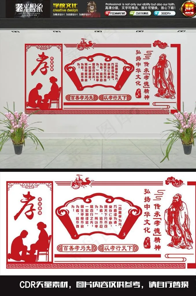 百善孝为先校风德育文化墙图片cdr矢量模版下载
