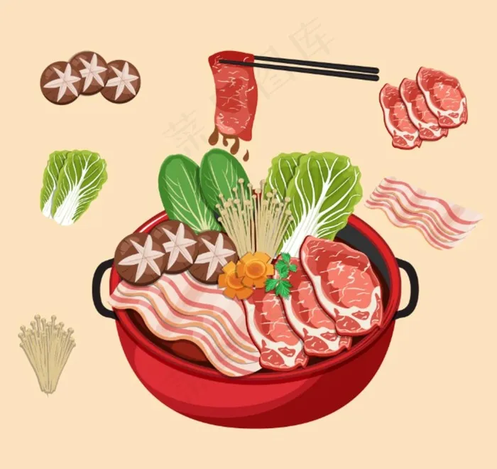 手绘食物火锅香菇肥牛白菜金图片