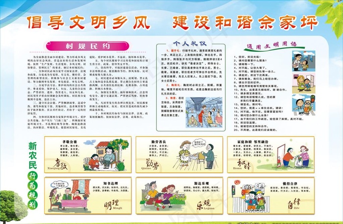 清新乡风文明创建宣传栏图片(2400X1200)cdr矢量模版下载