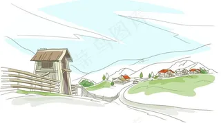 手绘城市郊区的农村田园风光图片
