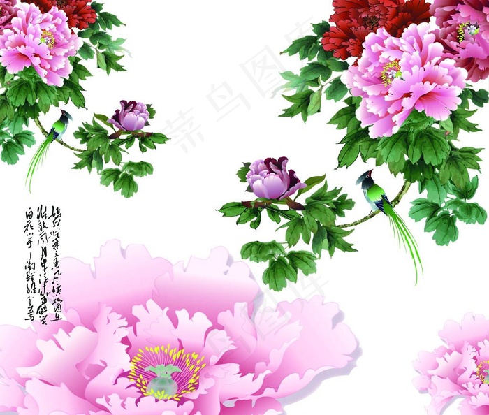 牡丹凤鸟春花图图片(14174X12476(DPI:300))psd模版下载