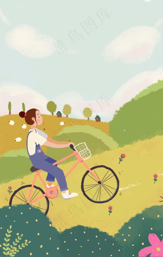 骑车旅行卡通人物插画图片