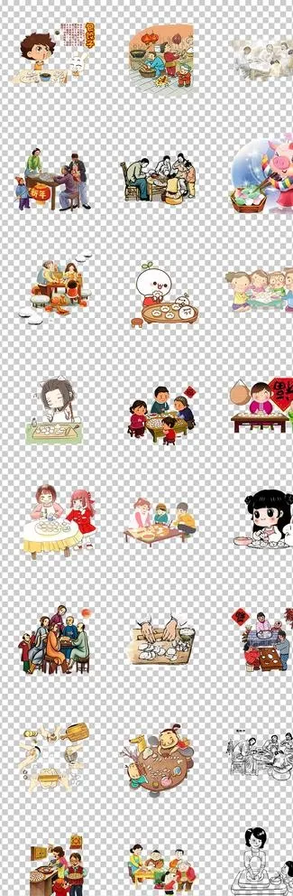 包饺子手绘卡通传统节日全家人图片