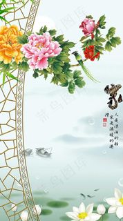 淡雅牡丹山水室内玄关图图片