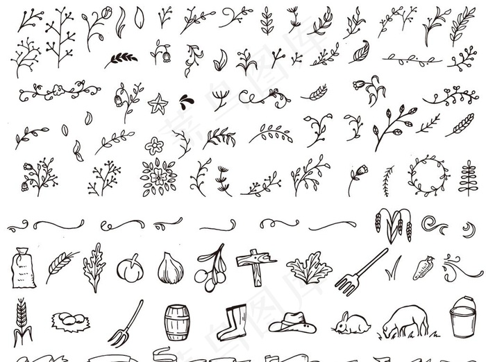 白描农场动植物线稿图片eps,ai矢量模版下载