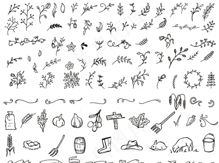 白描农场动植物线稿图片eps,ai矢量模版下载