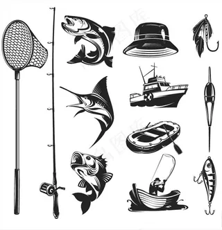多款黑白复古钓鱼工具矢量素材图片