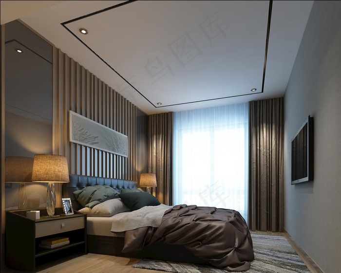 现代简约卧室效果图3D模型图片