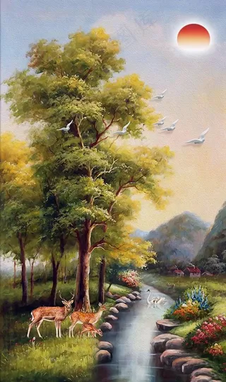 中式流水生财麋鹿背景墙图片