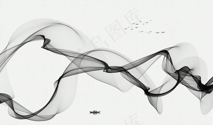 水墨画 飘带 小船 背景墙图片