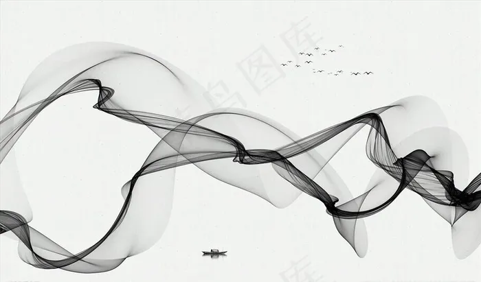 水墨画 飘带 小船 背景墙图片(9071X5669(DPI:72))psd模版下载