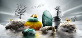 新中式金色石头大海麋鹿装饰画图片