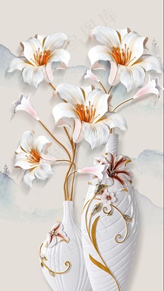 简约浮雕立体花卉花瓶玄关装饰画图片
