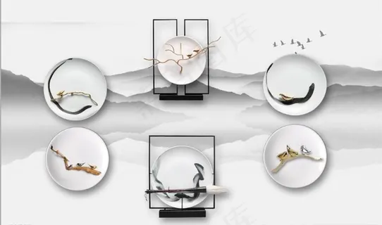 新中式浮雕花鸟瓷盘电视背景墙图片