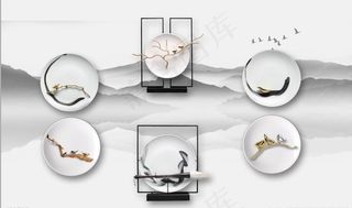 新中式浮雕花鸟瓷盘电视背景墙图片