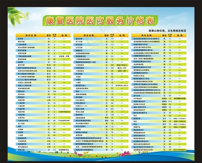 康复医院医疗服务价目表图片cdr矢量模版下载