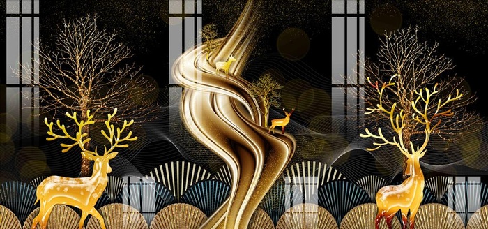 麋鹿发财树装饰画图片(10630X5315(DPI:150))psd模版下载