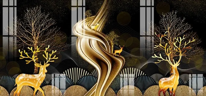麋鹿发财树装饰画图片 麋鹿发财树装饰画图片