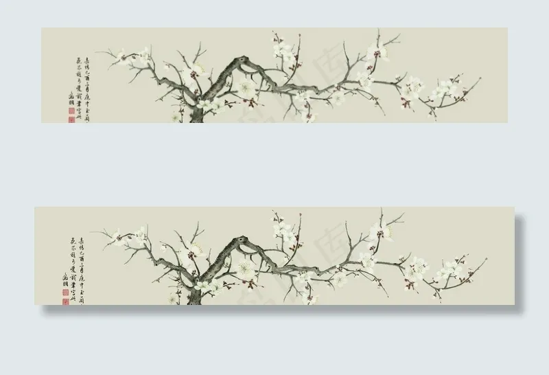 手绘梅花无框画床头画新中式背景图片(14457X3402(DPI:72))psd模版下载