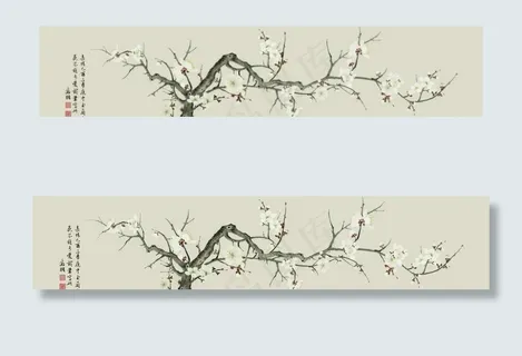手绘梅花无框画床头画新中式背景图片 手绘梅花无框画床头画新中式背景图片