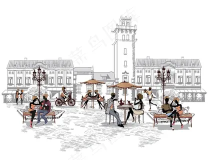 手绘风格街头咖啡馆图片
