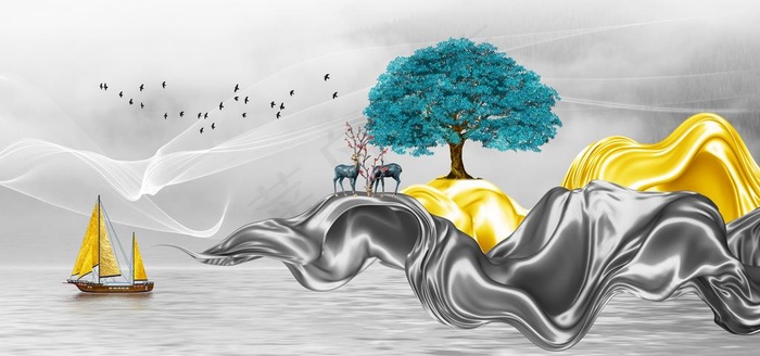 新中式丝绸飘带线条麋鹿装饰画图片